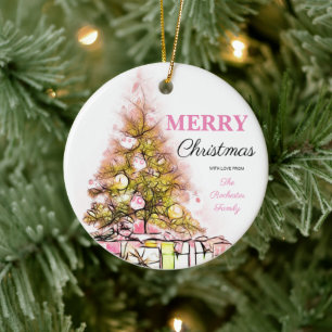 Cute Pink Retro Merry Christmas Tree Photo Ceramic Tree Decoration