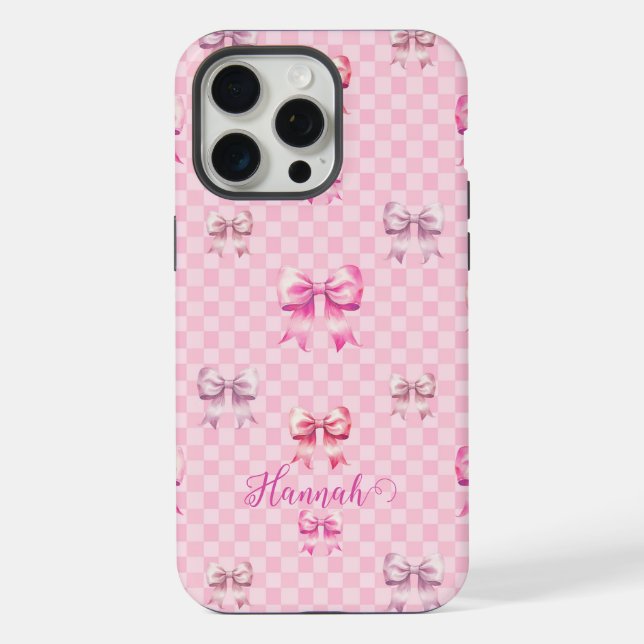 Cute Pink Ribbon and Gingham Sweet Girly Pattern iPhone Case (Back)