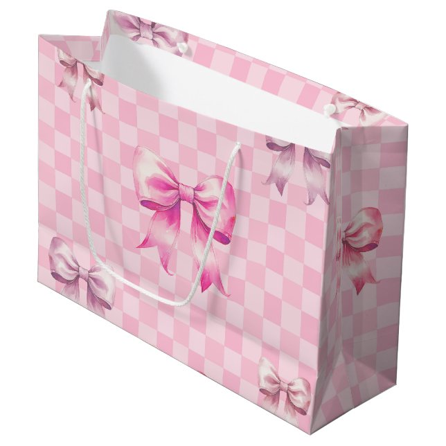 Cute Pink Ribbon and Gingham Sweet Girly Pattern Large Gift Bag (Front Angled)