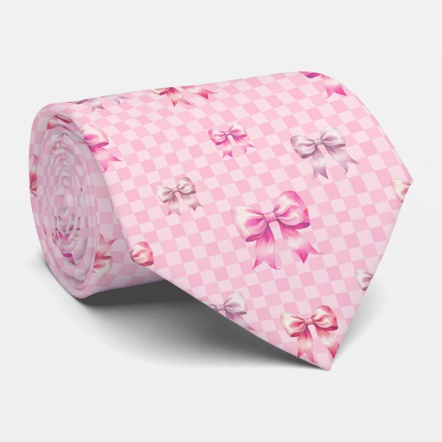 Cute Pink Ribbon and Gingham Sweet Girly Pattern Tie (Rolled)