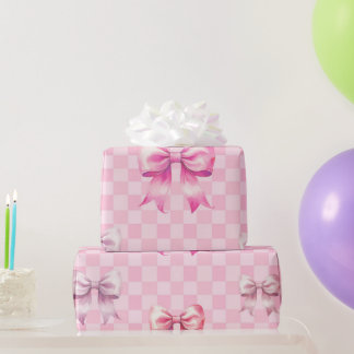 Cute Pink Ribbon and Gingham Sweet Girly Pattern Wrapping Paper