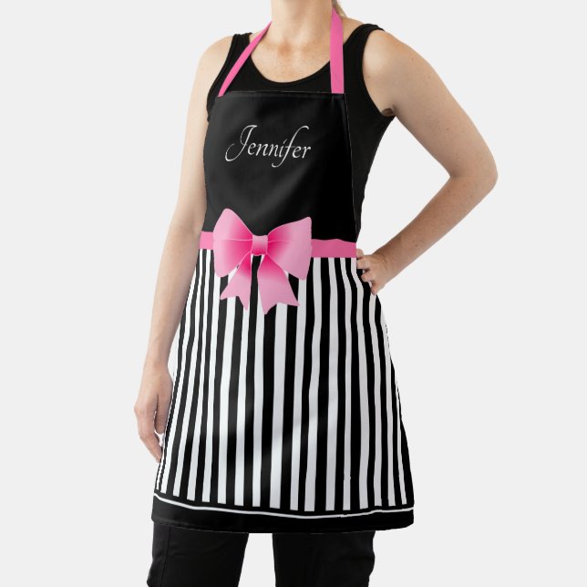 Cute Pink Ribbon Black White Stripes Pattern Apron (Insitu)