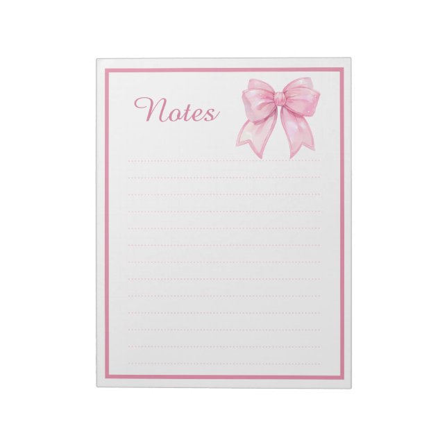 Cute Pink Ribbon Bow Coquette Notes Notepad (Rotated)