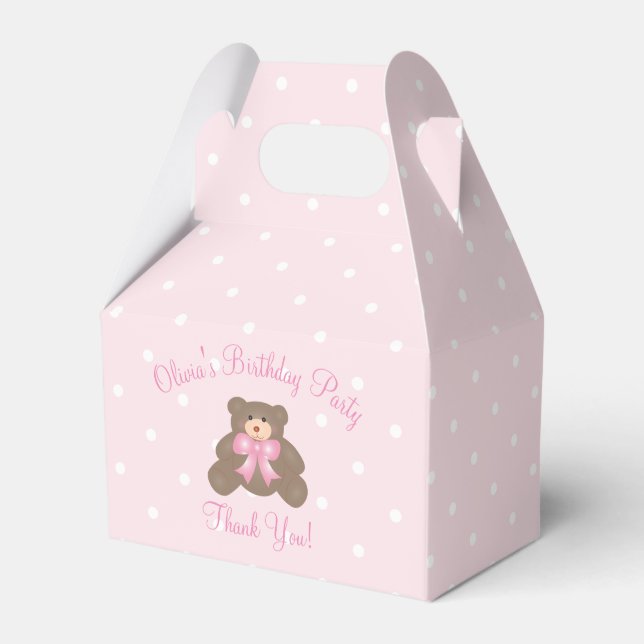 Cute Pink Ribbon Teddy Bear Girl Birthday Party Favour Box (Front Side)