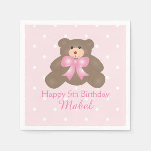 Cute Pink Ribbon Teddy Bear Girl Birthday Party Napkin