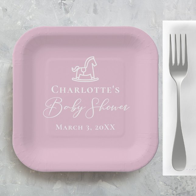 Cute Pink Rocking Horse Baby Shower Custom Paper Plate (Creator Uploaded)