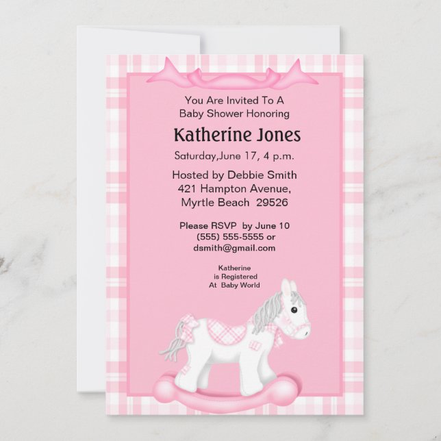 Cute Pink Rocking Horse Baby Shower  Invitation (Front)
