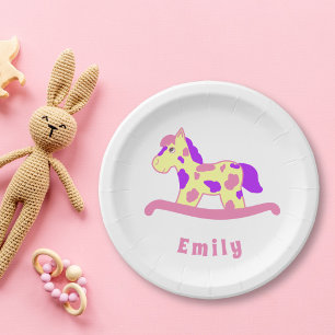 Cute Pink Rocking Horse Girly Birthday Party Paper Plate