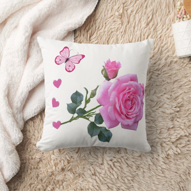 Cute Pink Rose Butterfly Hearts Throw Pillow  (Blanket)