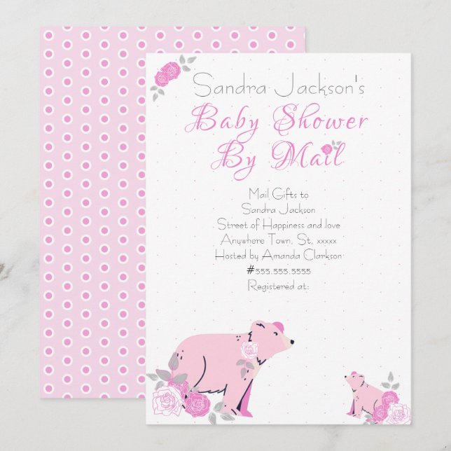 Cute Pink Rose Floral Mama Bear Cub Baby shower Invitation (Front/Back)