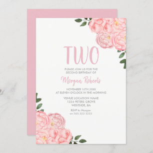 Cute Pink Rose Girls 2nd Birthday Party Invite
