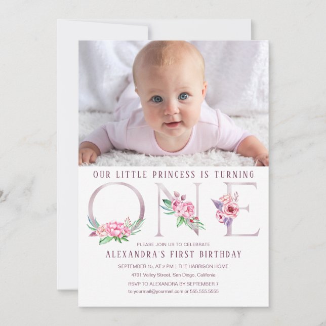Cute Pink Rose Gold Floral First Birthday Photo Invitation (Front)