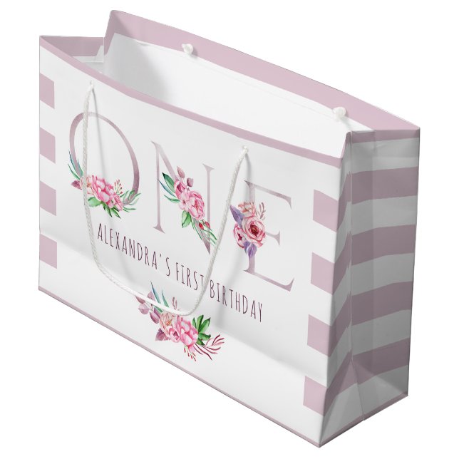 Cute Pink Rose Gold Floral Striped First Birthday Large Gift Bag (Front Angled)