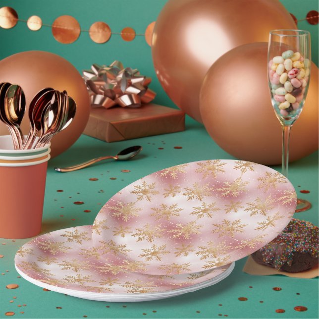 Cute Pink Rose Gold Snowflake Festive Pattern Paper Plate (Multi)