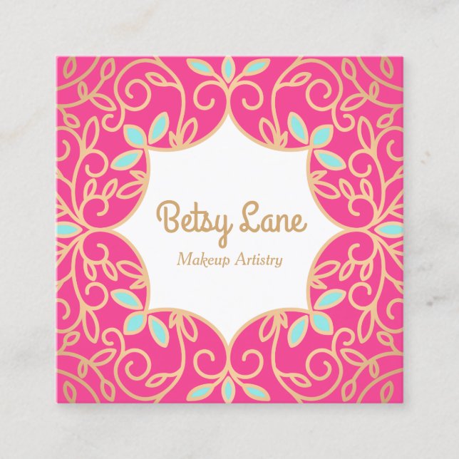 Cute Pink Rose Gold  Swirls Makeup Artist Square Business Card (Front)