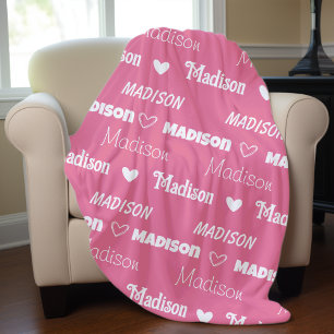 Cute pink rose repeating name personalised girly fleece blanket