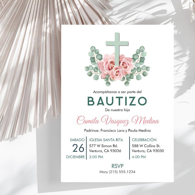 Cute Pink Roses and Leaves Bautizo Baptism Spanish Invitation (Creator Uploaded)