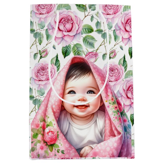 Cute Pink Roses and Smiling Baby Girl Baby Shower Medium Gift Bag (Front)