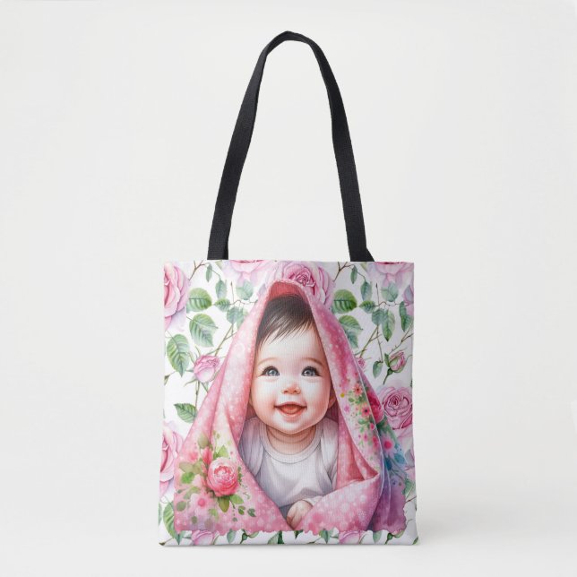 Cute Pink Roses and Smiling Baby Girl Baby  Tote Bag (Front)