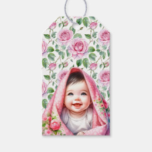Cute Pink Roses and Smiling Baby Girl To and From Gift Tags