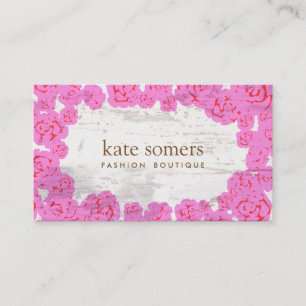 Cute Pink Roses, Rustic Aged Wood, Chic Designer Business Card