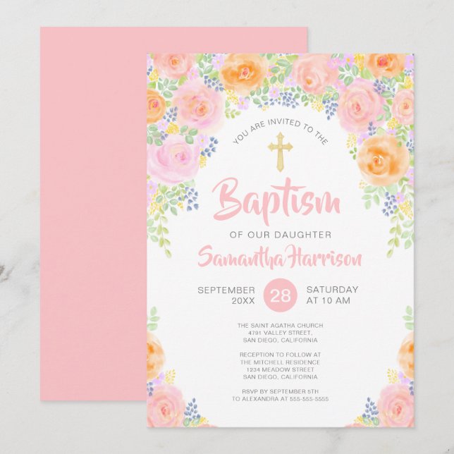Cute Pink Roses Watercolor Floral Girl Baptism Invitation (Front/Back)