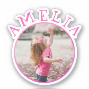 Cute Pink Round Frame Name and Photo Kids Sticker