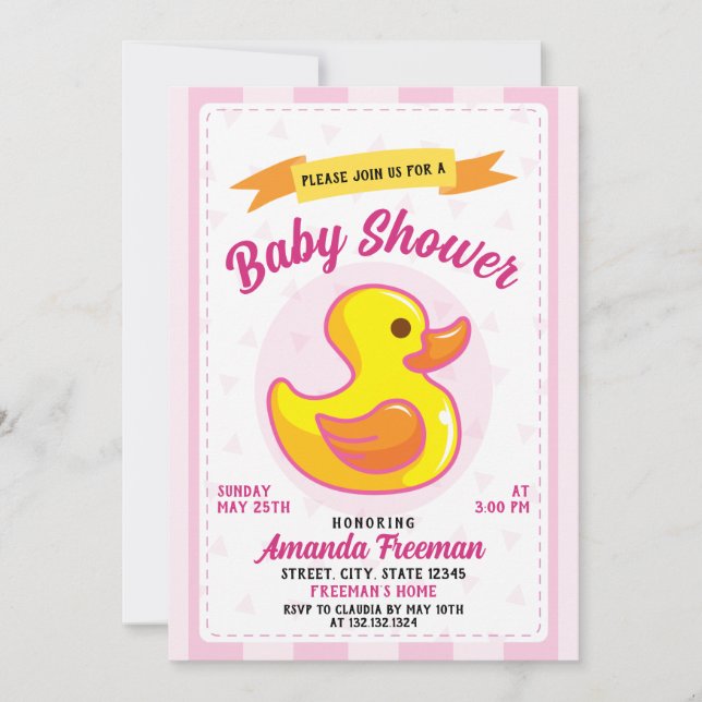 Cute Pink Rubber Duck Toy Girl Baby Shower Invitation (Front)