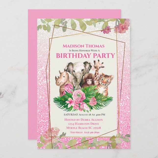Cute Pink Safari Jungle Animals Birthday Party   Invitation (Front/Back)