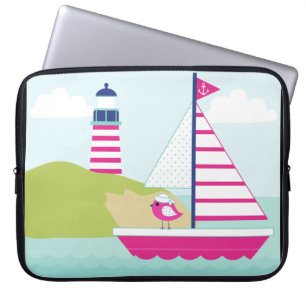 Cute Pink Sail Boat and Lighthouse Laptop Sleeve