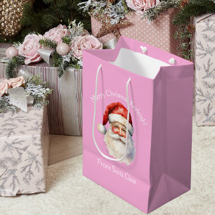 Cute Pink Santa Claus Personalised Girls Christmas Medium Gift Bag