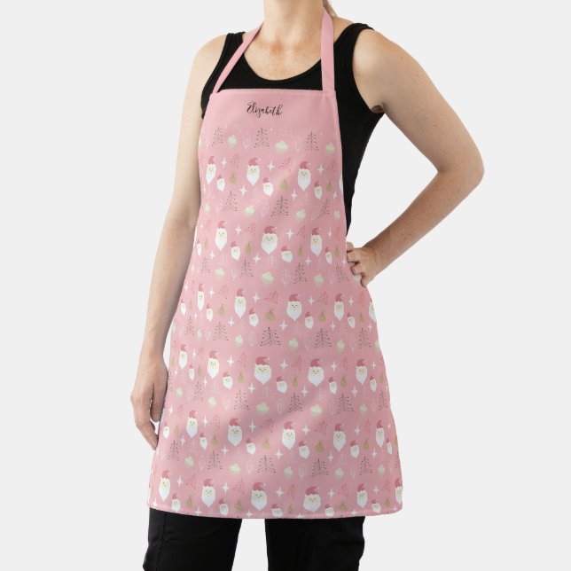 Cute Pink Santa Holiday Pattern Apron (Insitu)