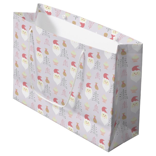 Cute Pink Santa Holiday Pattern Large Gift Bag (Front Angled)