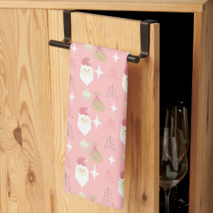 Cute Pink Santa Holiday Pattern Tea Towel