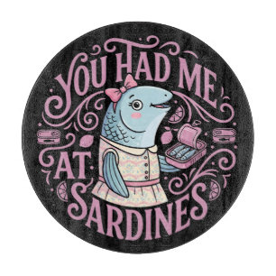 Cute Pink Sardines Cartoon Quote Cutting Board