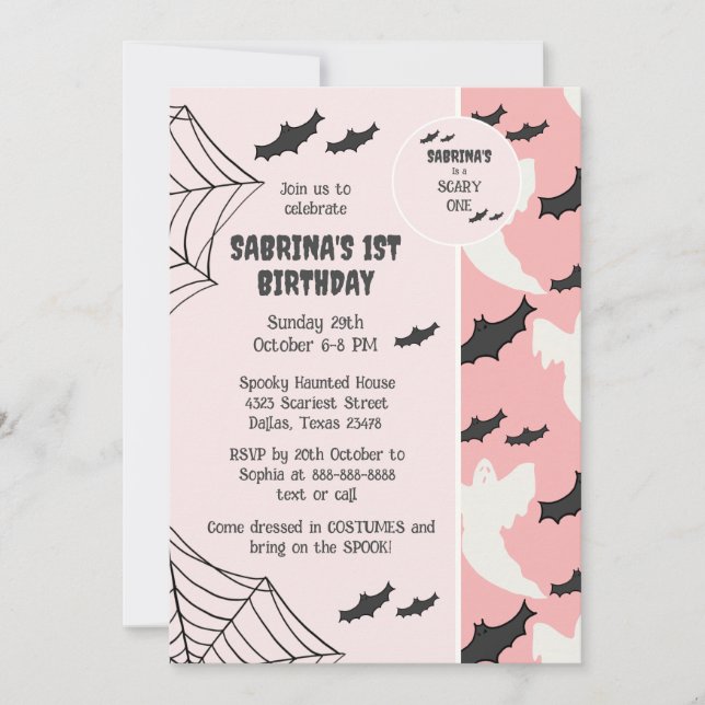 Cute Pink Scary one Halloween Birthday Invitation (Front)