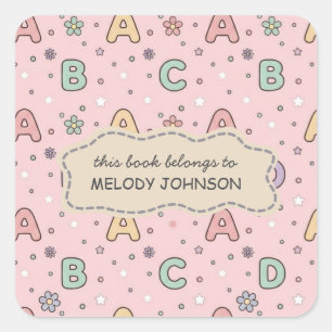 Cute Pink School Letters Pattern Name Bookplate Square Sticker