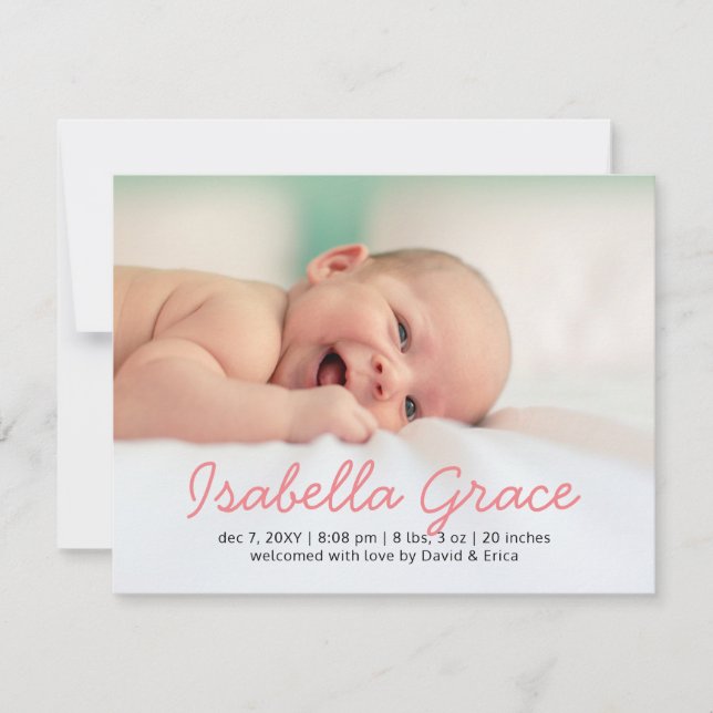 Cute Pink Script Photo Baby Announcement (Front)