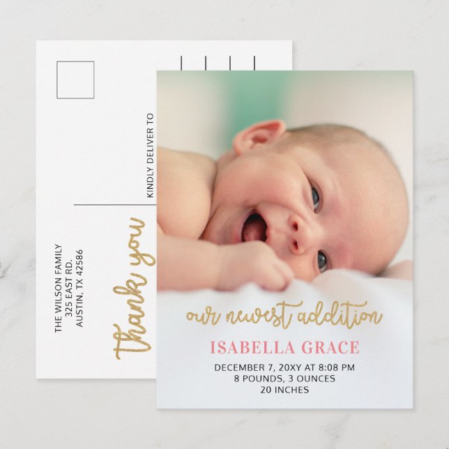 Cute Pink Script Photo Baby Announcement Postcard (Front/Back)