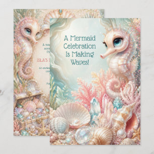 Cute Pink Seahorse Mermaid Birthday Save the Date Thank You Card