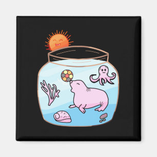 Cute Pink Seal Playing Ball Fishbowl Octopus Magnet