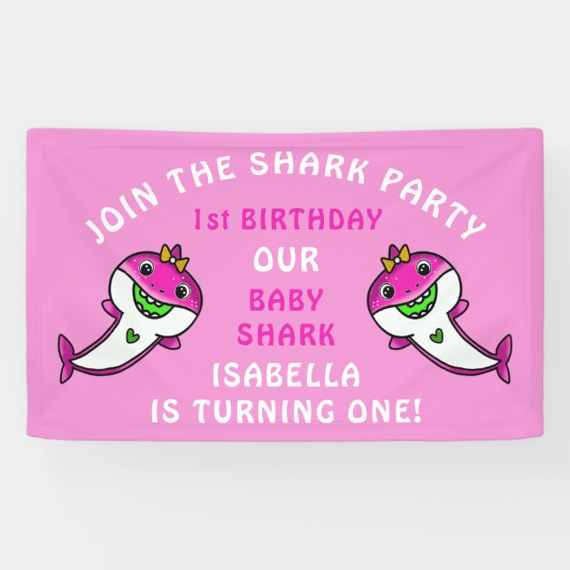 Cute Pink Shark Baby Girl 1st Birthday  Party Banner (Horizontal)