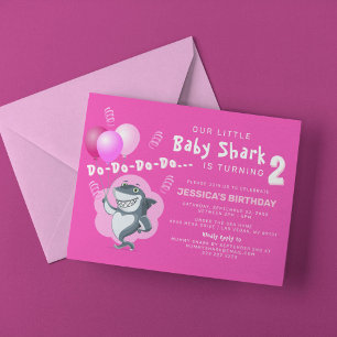 Cute Pink Shark   Pink Balloons Birthday Invitation
