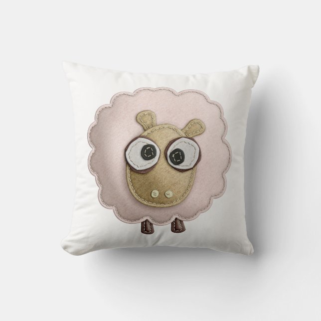 Cute Pink Sheep Faux Felt Printed Image Cushion (Front)