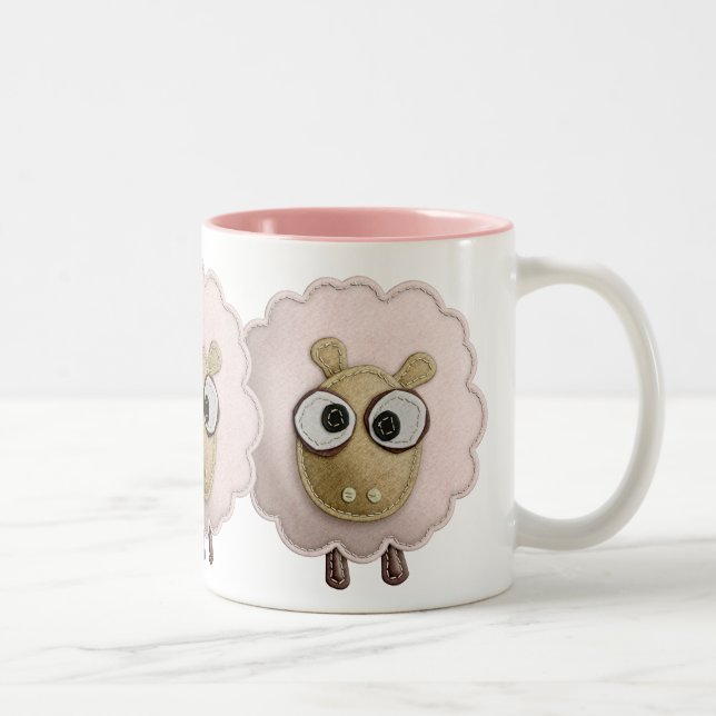 Cute Pink Sheep Faux Felt Printed Image Two-Tone Coffee Mug (Right)