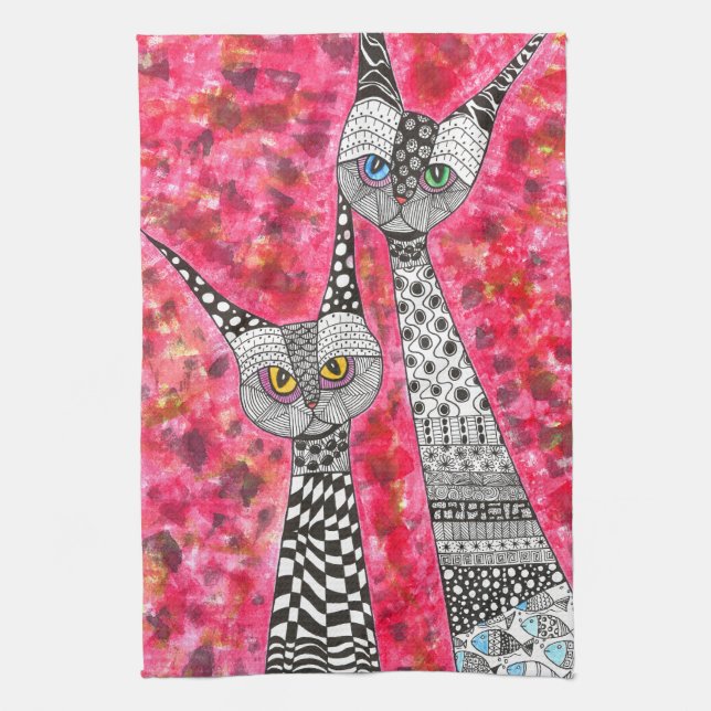 Cute Pink Siamese Cat Illustration Kitchen Towel (Vertical)