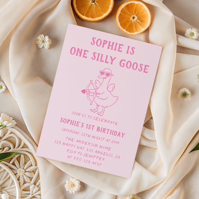 Cute Pink Silly Goose 1st Birthday Invitation (Creator Uploaded)