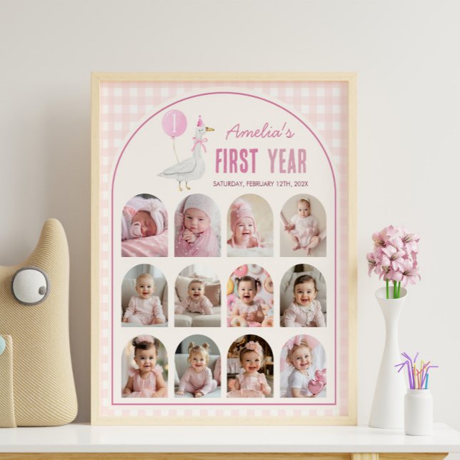 Cute Pink Silly Goose First Year Photo Milestone Poster (Creator Uploaded)