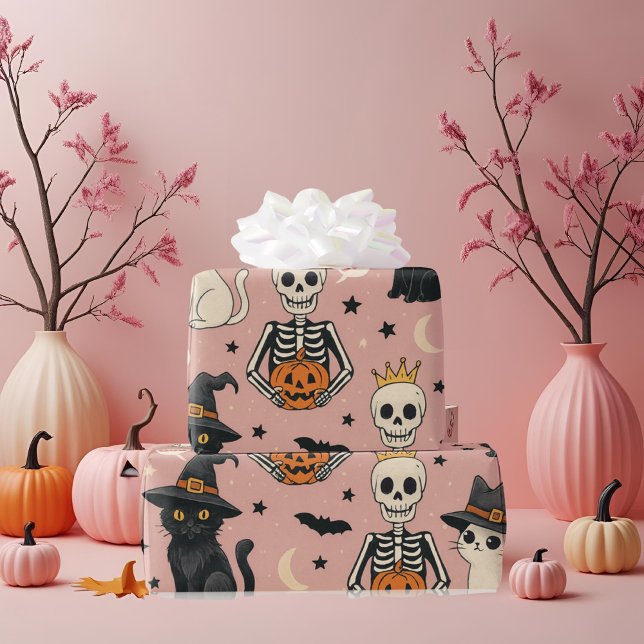 Cute Pink Skeleton Princess & Halloween Cats  Wrapping Paper (Creator Uploaded)