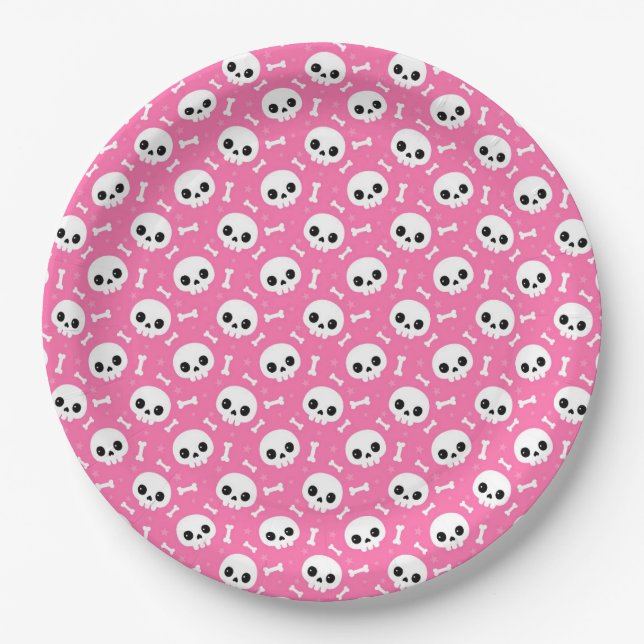 Cute Pink Skull & Bones Halloween Pattern Paper Plate (Front)